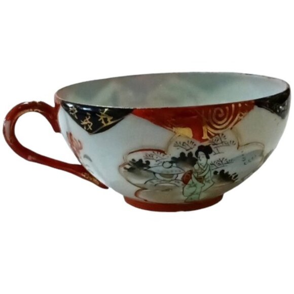 Antique Japanese Kutani Egg Shell Porcelain Hand Painted Cup & Saucer Set - Picture 8 of 9